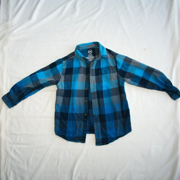 TEAL CHECKER FLANNEL SHIRT BOYS 6 7 KIDS BUTTON DOWN TOP BLUE OMBRE EUC - Picture 16 of 16